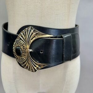 Vintage‎ Wide Black Leather Belt Gold Sculptural Buckle Cabochon Italy Size 30